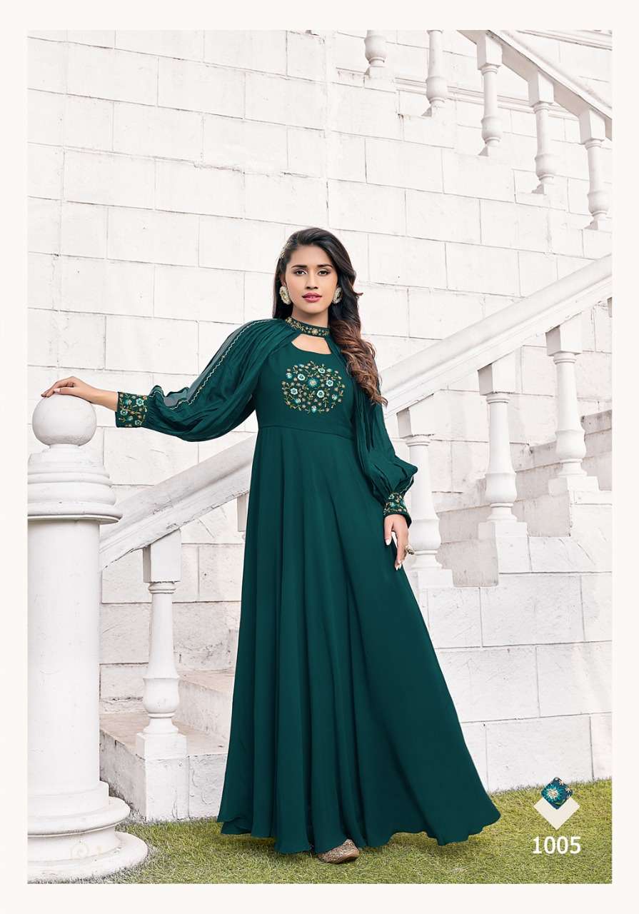 S3forever- Retro Vol 1-Fabric-Gorgette-Handwork-Long-Gown-Kurti-With Inner-1005